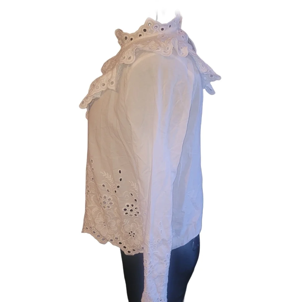 Zara Basic Elegant White Embroidered  Ruffle Detail Top Size L - Picture 5 of 7